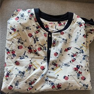 Ivory Seersucker Henley Top with Navy Trim and Red/Blue Novelty Print